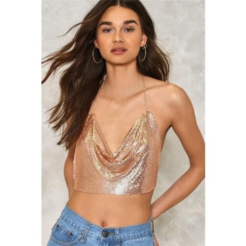 Women Silver Gold Sequined Metal Camis Top Sexy Halter Backless V Strappy Party Nightclub Short Vest Cropped Top Body Chain 2021