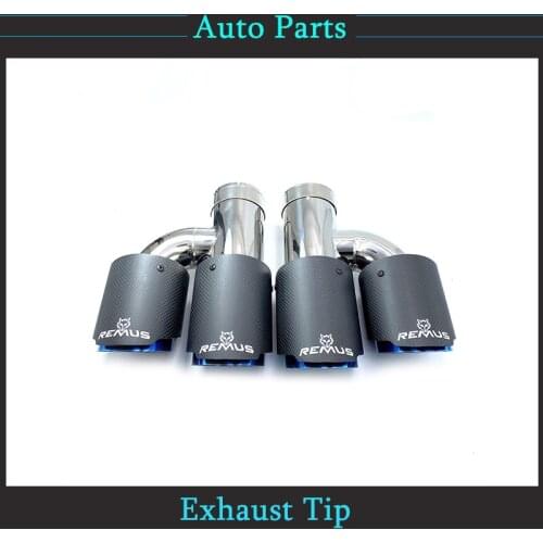 1Pair H Style Dual Matte Carbon Fiber Stainless Steel Blue Exhaust Pipe Universal Auto Tip Double Muffler Tip With Remus Logo