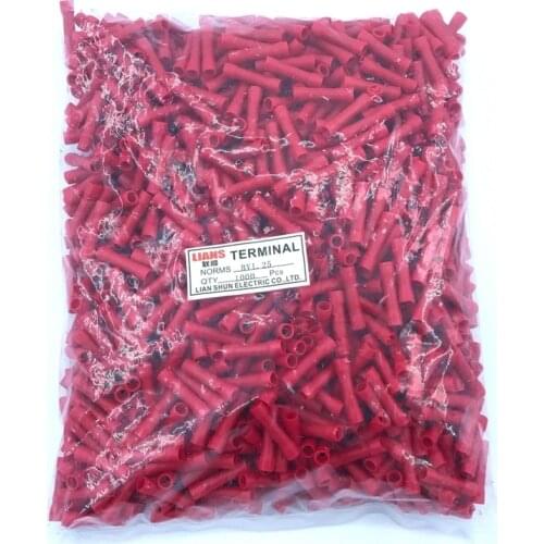 Insulated Butt Wire Connector 1000pcs BV1.25 Electrical Crimp Terminals Block Premium Solderless Brass Red Blue Yellow AWG
