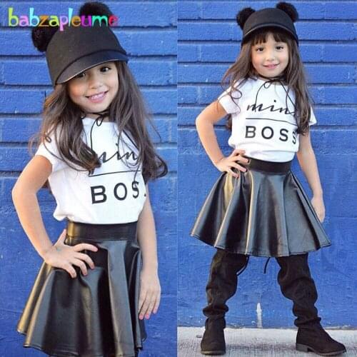 Babzapleume Baby Girls Boutique Outfits Summer Sets Letter T-shirt+PU Skirt Fashion Kids Clothes Children Clothing 2Piece BC1406