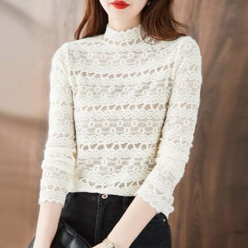 Lace Fabric Long Sleeve Bottoming Women T-shirts Autumn Vintage Streetwear Women Top Black Womens Blouses and Tops