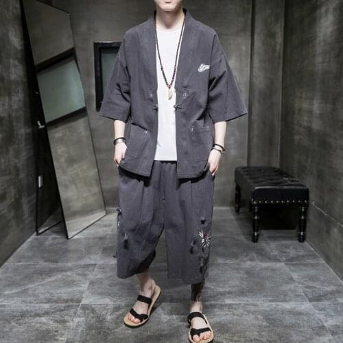 Summer 2021 T-Shirt Two-Piece Suit Chinese Style Tang Suit Men Sets Plus Size Cotton Line Hanfu Antique Style Clothing 31036