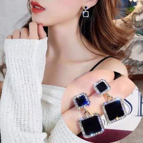 Statement Earrings 2021 Black Square Geometric Earrings For Women Crystal Luxury Wedding Rhinestone Earring Gold Color