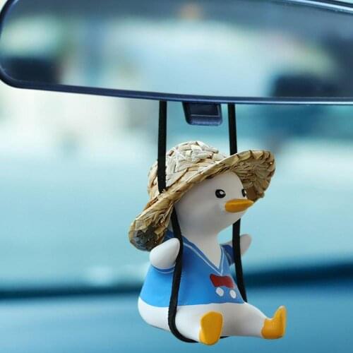 Cute Swing Straw Hat Duck Duckling Rearview Mirror Charm Car Rearview Hanging Duck Ornament Pendant Car Styling