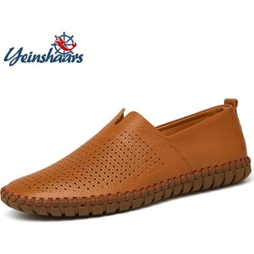 YEINSHAARS New Summer Men Casual Shoes Leather Mens Loafers Handmade Moccasins Flats Leather Walking Male Boat Shoes Size 38-50