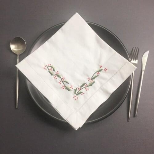 Set of 12 Fashion Wedding Napkins white Hemstitched linen Table Napkin with Color Embroidered Floral Dinner Napkins 20x20-inch