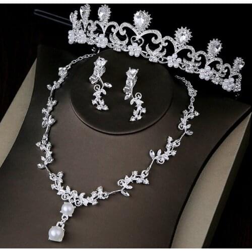 Bridal Jewelry Sets Wedding Tiara Set for Bride Pearl Crown Crystal Rhinestone Necklace And Earring Set Earing Women Accessories