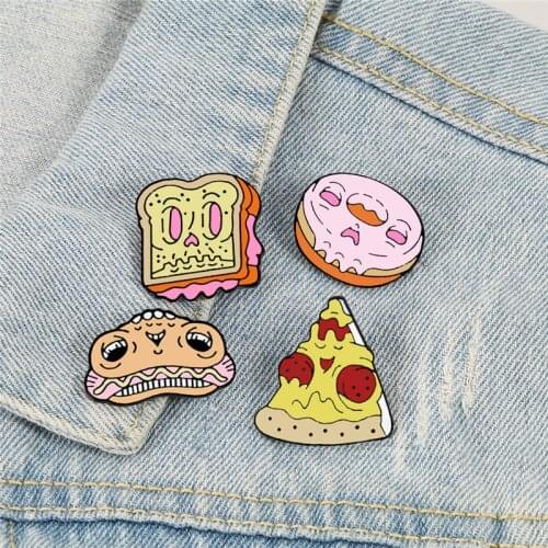 Food Collection Brooches Funny Face Pizza Hotdog Sandwich Donuts Enamel Pins Cartoon Cute Badges Shirt Lapel Pin Fashion Jewelry
