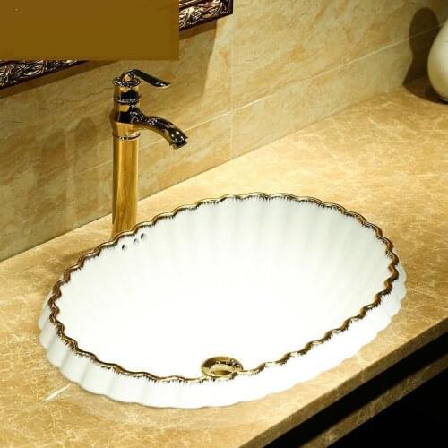 Semi Embedded Artistic Wash Basin Ceramic Coutertop Bathroom basin Sink bowl oval sinks shell shape white