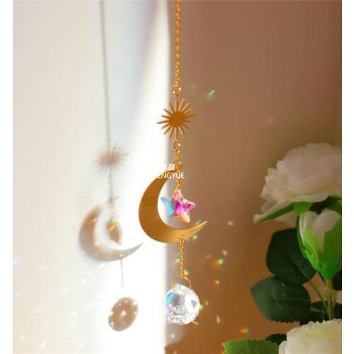 Romantic Crystal Wind Chime Star Moon Sun Pendant Dream Catcher Plated Colorful Beads Hanging Drop Outdoor Garden Indoor Decor