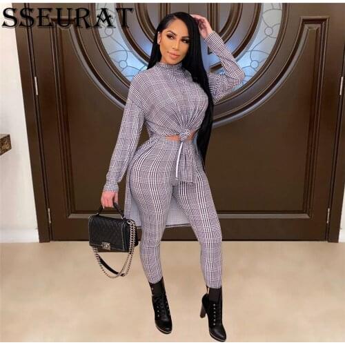SSEURAT Houndstooth Sweatsuit Womens Set Long Tops Legging Pants Suit Streetwear Tracksuit Two Piece Set Fitness Outfit
