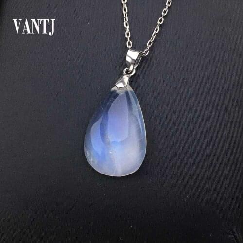 VANTJ High QualityNatural Moonstone Blue LIght Necklace Pendant Gemstone For Women Men Party Fine Jewelry