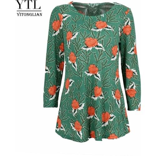 YTL Floral Printed T-shirt Blue Dots Vintage 3/4 Sleeve Tops Casual Print Pullover Blusa Plus Size Tee For Female 5XL 4XL W006