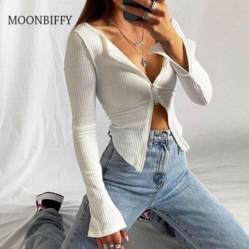 Spring Autumn Zip Up White Black T-Shirt Women Ribbed Knitted Tops 2021 Casual Long Sleeve Strech Irregular Sexy Tee Streetwear