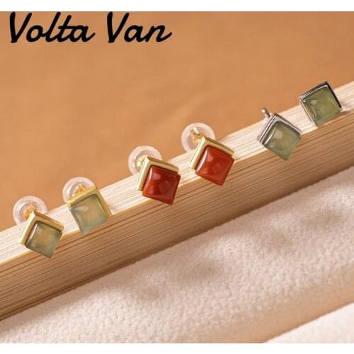 Volta Van 925 Sterling Silver Stud Earrings 2021 New Geometric Natural Jade Elegant Vintage Concise Design Women Earrings Gift
