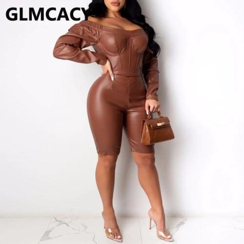Women Long Sleeve Off Shoulder PU Leather Playsuit Elegant Chic Rompers