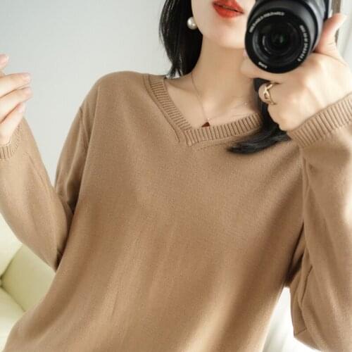 21Autumn New,100% Cotton Sweater Womens Pullover,Plus Size Loose Casual Long Sleeves,Solid Color V-Neck Knitted Bottoming Shirt