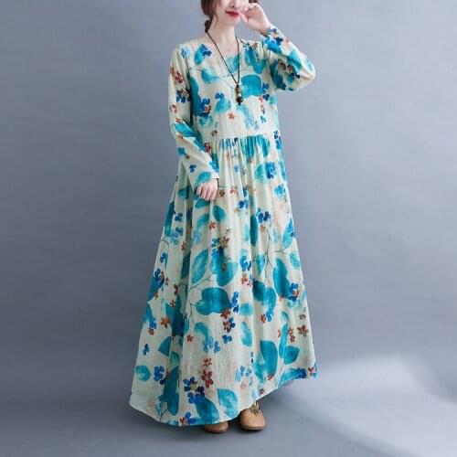 Spring Autumn Women Dress Printed Floral Long Sleeve O-neck Loose Casual Female Elegant Dress Ankle Length