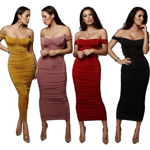 2021 Spring Summer Sexy One Shoulder Strapless Single Sleeve Long Beige Pleated Dress High Waist Bodycon Women MD
