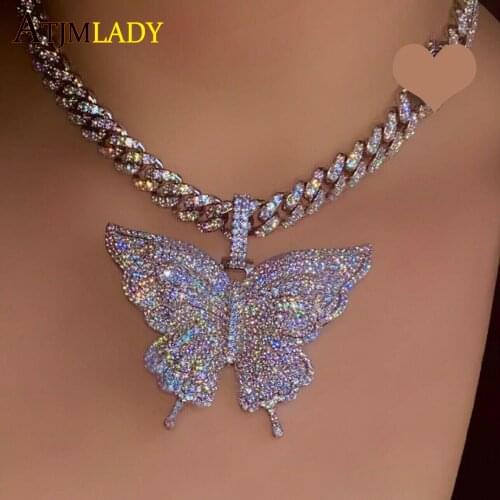 2021 High Quality Micro Pave CZ Iced Out Bling Big Butterfly Pendant Rose Gold Color Pink Hip Hop Bling 5A CZ Women Necklace Set