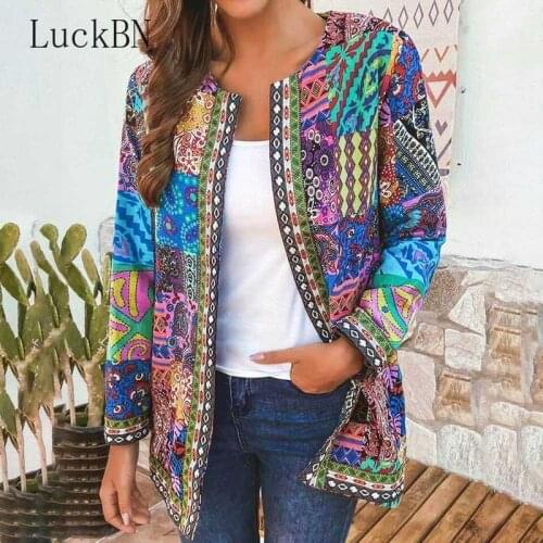 5XL Jacket Coat Women Fashion Autumn Winter Ethnic Floral Print Long Sleeve Loose Jacket Coat Cardigan Loose Outerwear Chic Top