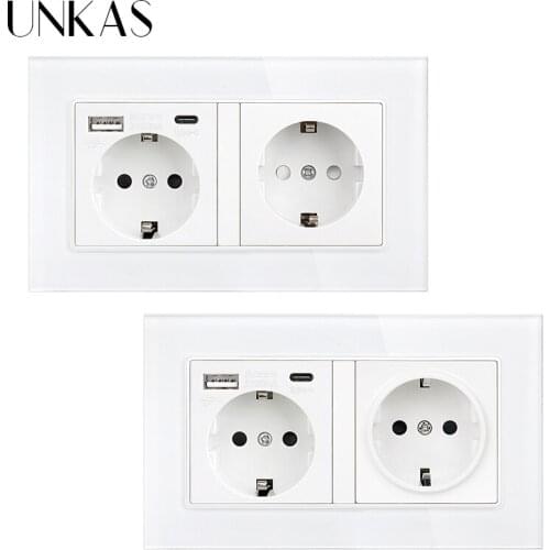 UNKAS Dual Type C USB Socket Port Fast Charger Adapter For Mobile Phone Glass Panel 146mm*86mm 16A EU Plug 5V 2100mA Outlet