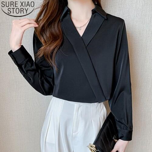 Office Lady Fashion Black Sexy V-neck Tops Elegant Satin Blouse Women Autumn New Long Sleeve Shirt Blusas Clothes Blouse 16128