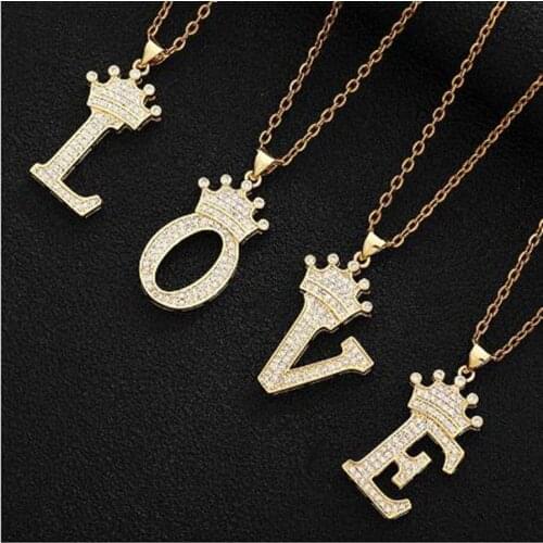 Luxury Gold Color Zircon Alphabet Pendant Necklaces For Women Men Crown Initial Letter Necklace Hip Hop Chain Jewelry Gift