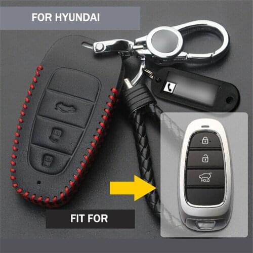 Genuine Leather Remote Start Car Key Case Fob Cover Auto Protector Holder For Hyundai Tucson Santa Fe Sonata 2020-2021 3 Button