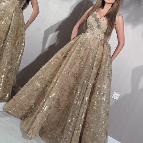 SuperKimJo Vestido De Formatura Longo Gold Applique Prom Dresses Long V Neck Arabic Style Prom Gown Vestido De Festa Longo