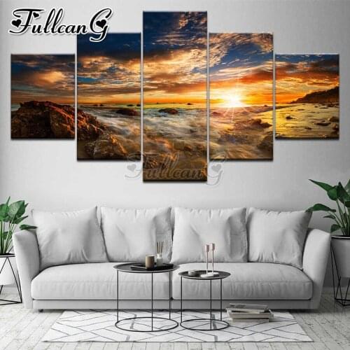 FULLCANG Sunset seascape 5 piece diy diamond painting full square round drill mosaic embroidery sale home decoration FC3424