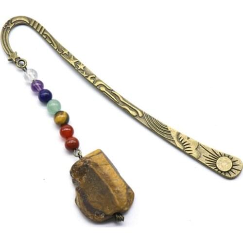 FYJS Unique Copper Irregular Shape Tiger Eye Stone Bookmark Pendant with Many Colors Beads Healing Chakra Jewelry