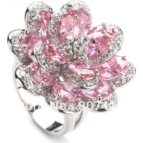SHUNXUNZE Luxury Flower wedding rings Jewelry & Accessories for men and women Pink Cubic Zirconia Rhodium Plated R549 size 6-13