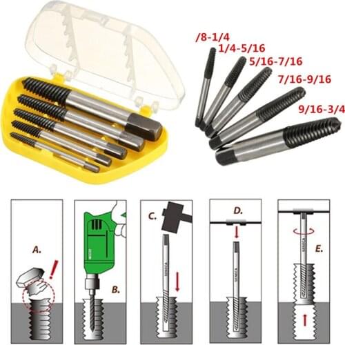 5pcs/1set Screw Extractor Set Drill Bit Guide Broken Damaged Bolt Remover Easy Out Tool
