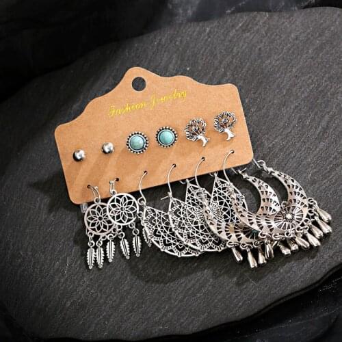 Boho Ethnic Dreamcatcher Silver Color Earrings Set For Women Vintage Tassel Drop Earring 2020 Fashion Earrings Jewelry