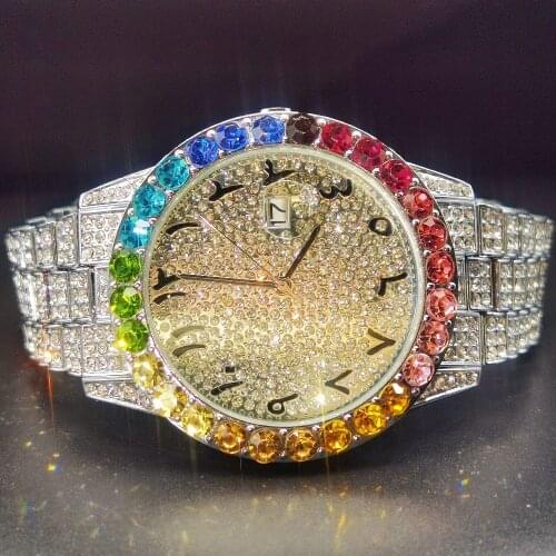 MISSFOX Rainbow Diamond Man Watch Large Dial Bling Bling Hiphop Wristwatch Men Luxury Quartz Super Fashionable Watches Male Part