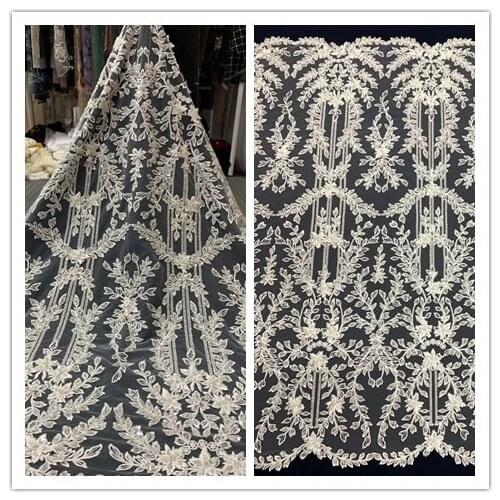 Wedding dress fabric SYJ-688816 nice looking african tulle mesh fabric with beads for fashion dress