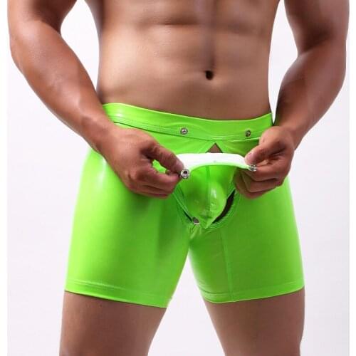 Mens Leather Sexy Underwear Boxers Brand Open Crotch Button Crotchless Boxer Shorts Men U Convex Low Waist Male Underpants