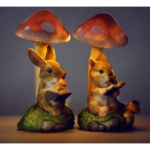 Rabbit Hedgehog Night Light Garden Decoration Mushroom Small Animal Sculpture Crafts Desktop Balcony Flower Pots Decorative Home