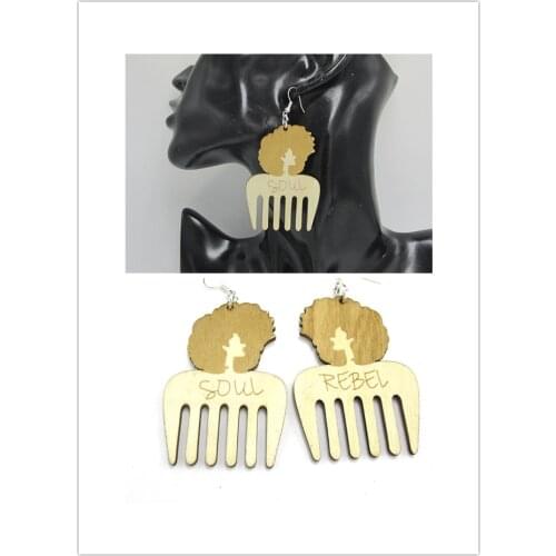 Newest Engraving Afro Hair Wood Earrings