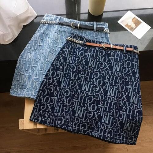 PNEIME Summer New Womens Denim Skirt Retro Letters Slim Short Skirt Was Thin High Waist A-line Skirt Fashion Loose Hip Skirt