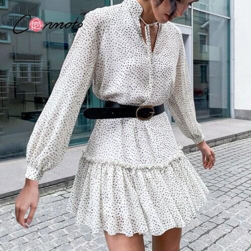 Conmoto Elegant polka dot ruffled a-line mini dress spring Lantern sleeve sash stand collar dresses women Casual white dress new