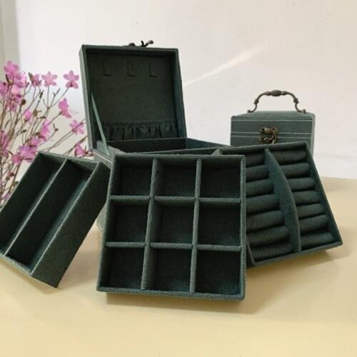 Protable velvet Carry Storage Box metal handle Ring Holder Flannel Multi-function Jewelry Display 3 inner plates jewelry casket