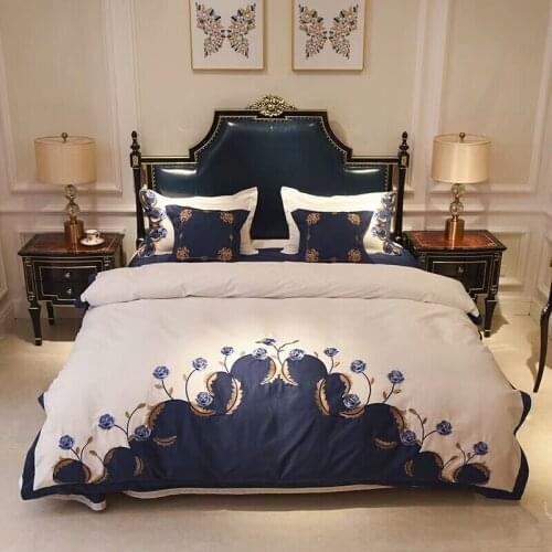 Luxury Blue White Egyptian Cotton Embroidery Chinese style Bedding set Queen King size Silky Soft Duvet cover Bedsheet Pillowcas
