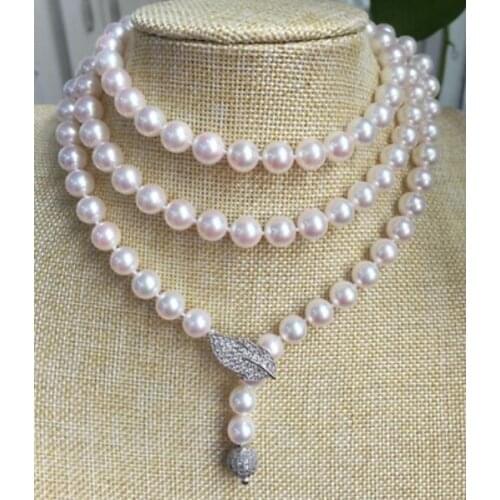 Gorgeous huge 9-10mm white round pearl necklace 50inch