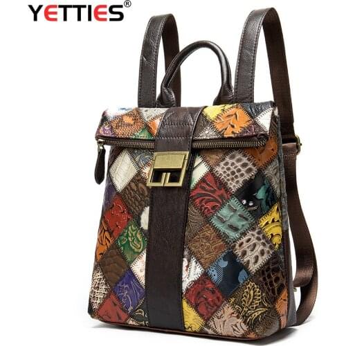 YETTIES New Full-Grain Leather Women 's Backpack Retro Style Contrasting Color Personalized Backpack Women 's Fashion