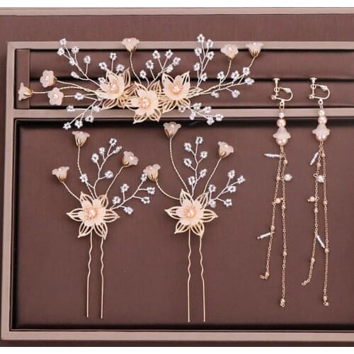 Bride Jewelry Imitation Pearl Flower Hair Clip Set Hairpin Earrings Children\s Show Headwear Bridal Wedding Headdress BN