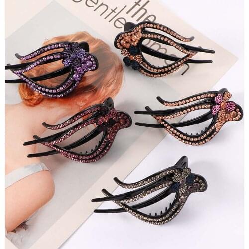 1PC Shiny Rhinestone Flower Hairpins Acrylic Hair Clips for Women Hai Accessories Crystal Hollow Hair Claws Headwear