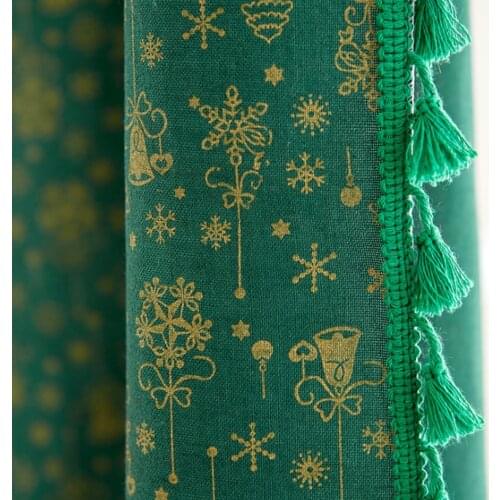Modern Simple Christmas Golden Wind Chimes Green Fringed Edge Curtains Cotton And Linen Semi-Shading Bay Window Study Curtains