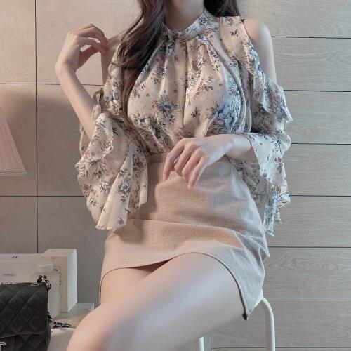 2020 Brand New Ladies Tops Halter Neck Off Shoulder Top Ruffled Sleeve Chic Floral Printing Blouse Women Shirts Chemise Blusa